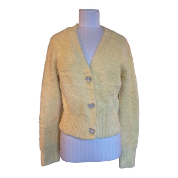 English Factory Butter Yellow Plush Cardigan Heart Button Front Medium - Picture 1 of 12